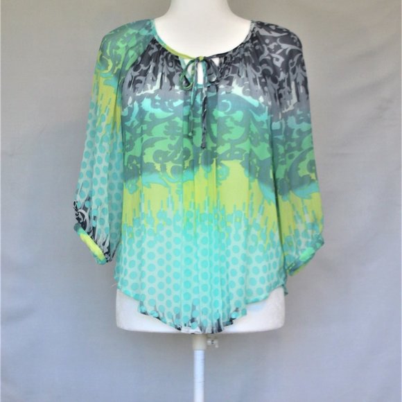 By & By Tops - Boho style, yellow & turquoise blouse.